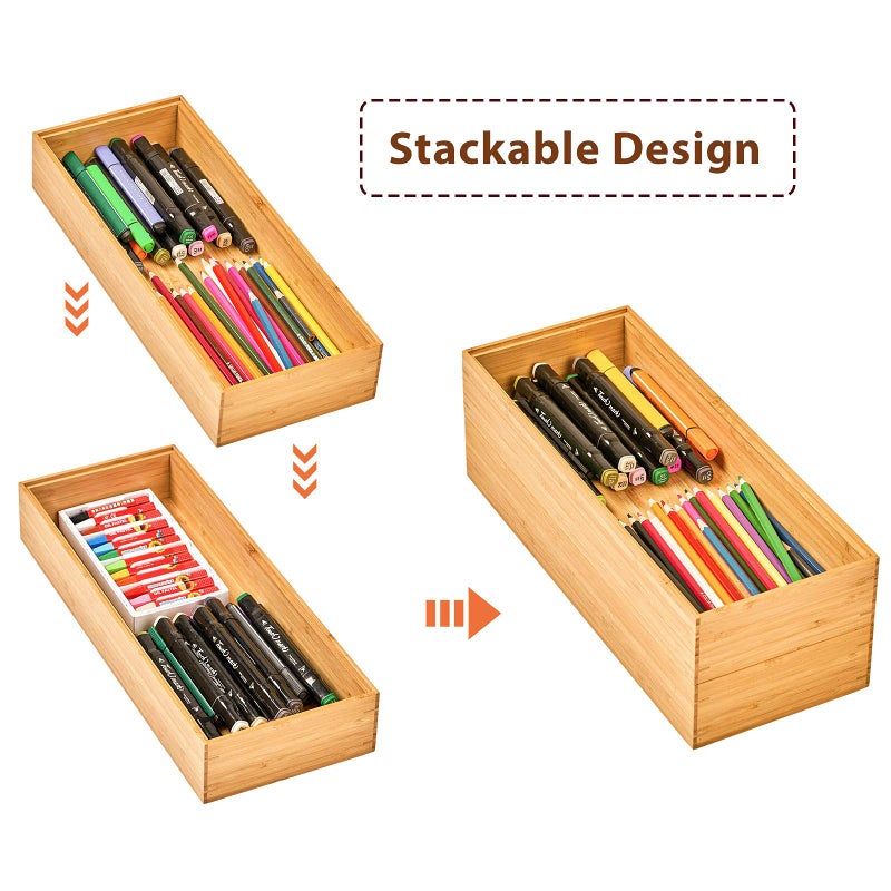 Umilife Bamboo Kitchen Drawer Organizer Boxes with Anti-Skid Silicone Feet, 2pcs Stackable Storage Bins for Kitchen Utensils & Silverware & Desk Drawer & Makeup, Tools Holder, 15   L x 6   W x 2.5   D Each - Image 5